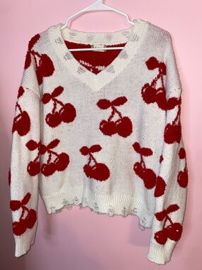 Altar'd State Cream V-Neck Sweater with Red Cherry Motif